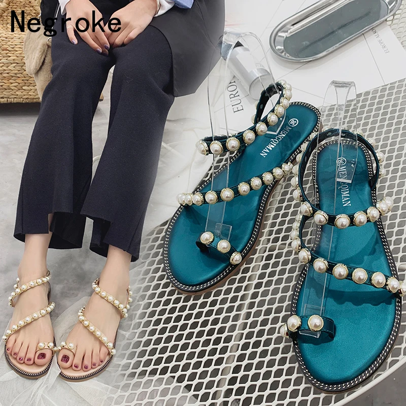 

Sexy Pearl Women Sandals Summer Shoes Woman Flats Casual Beach Flat Sandles Female Rome Low Heel Flip Flops Sandalias Mujer