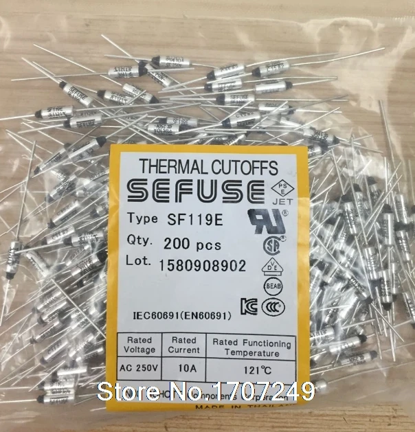 

Free Shipping 100PCS/lot NEW SF119E FUSE Cutoffs Thermal Fuse 121C 121 Degree 10A 250V Metal fuse