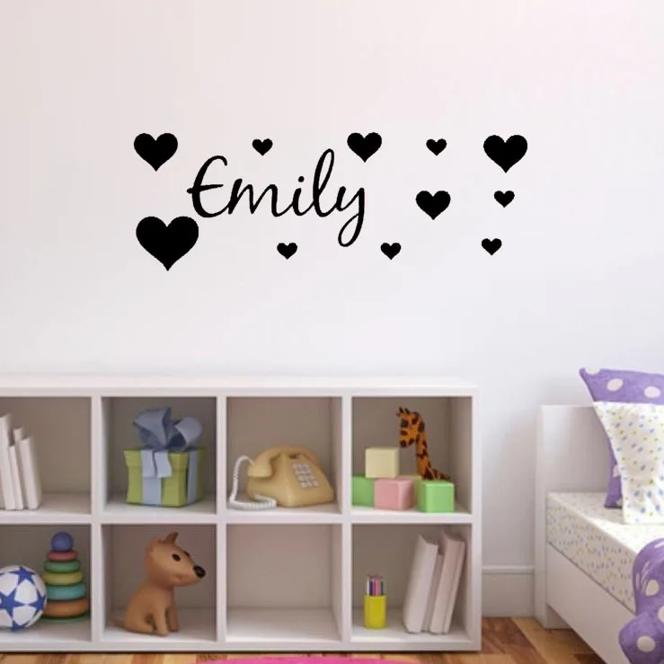 Wall Decal Removable Personalized Any Name Hearts Ornaments Wall Sticker Kids Nursery Bedroom