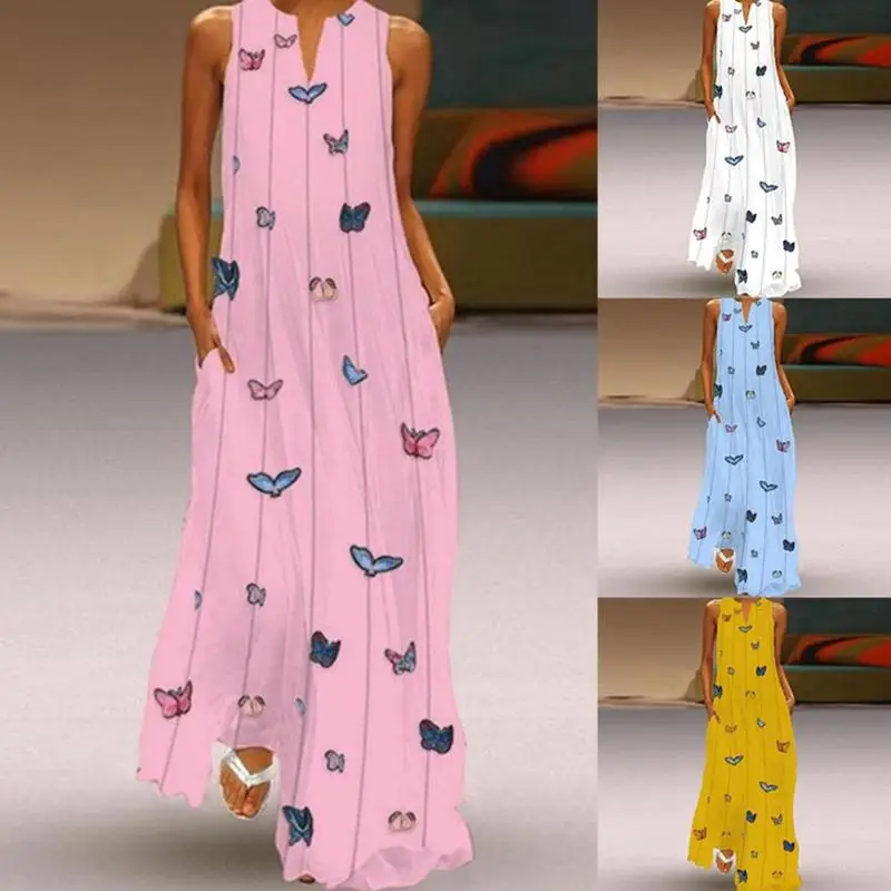 

Loose Pleated Butterfly Print Sleeveless Casual Long Pocket Dress Elegant S-3xl Fashion Sexy Women Party Maxi Dress