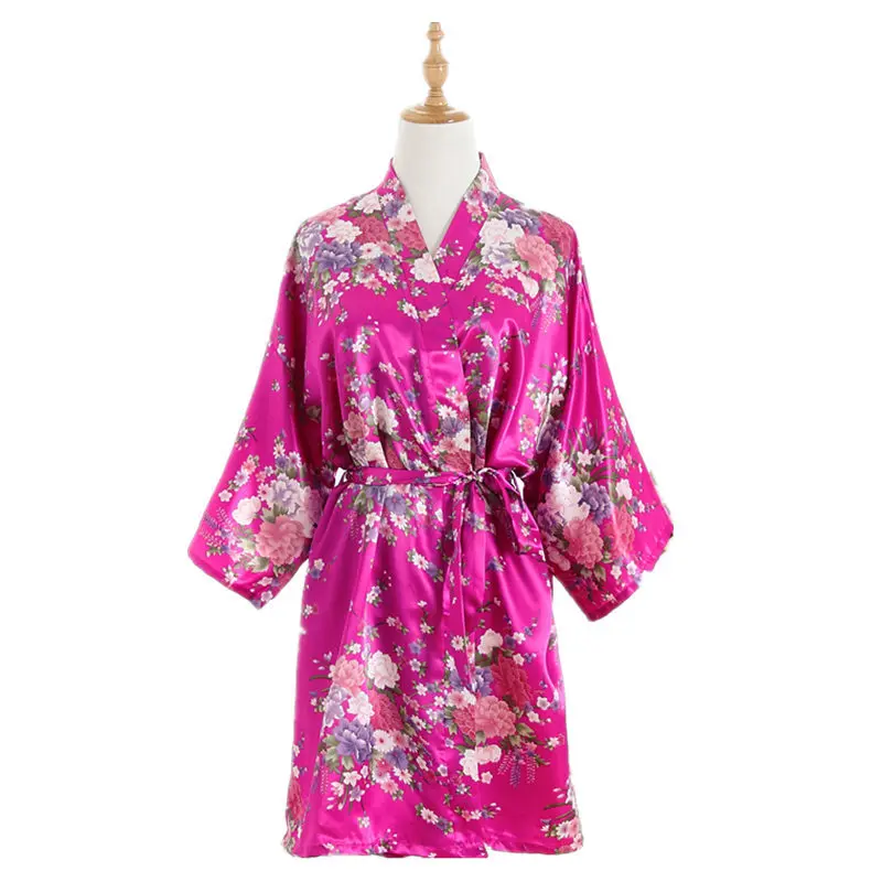 Искусственное шелковое платье, Короткое Кимоно, банный халат, цветочный принт, кардиган, халат, до колен, с коротким рукавом, для женщин, 9 цветов, сексуальная одежда - Color: rose red