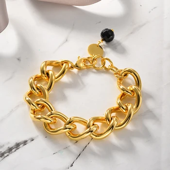 

Baoyan Vintage Gold Chain Bracelet Stainless Steel Chain Bracelet with Black Agates Big Wide Cuban Link Chain Bracelet For Women