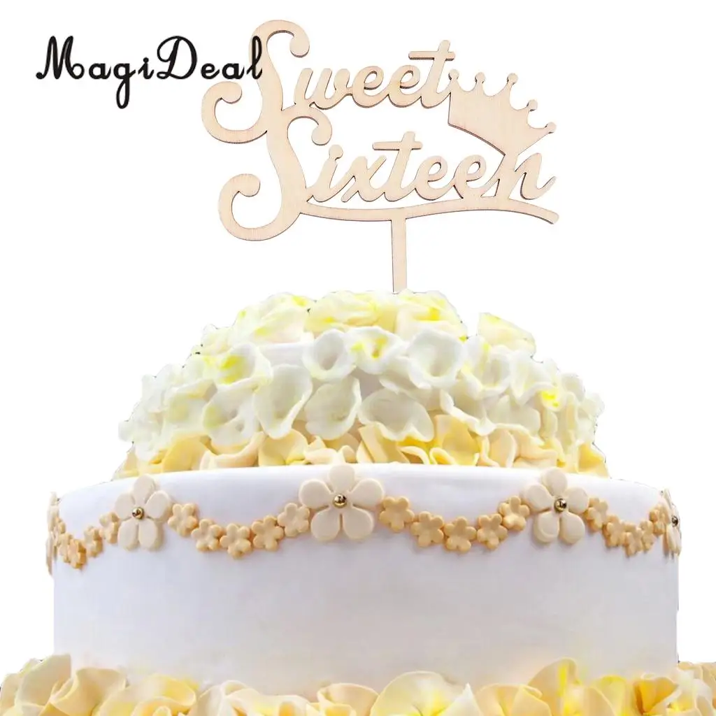 MagiDeal Delicate Design 1Pc Rustic Wooden Sweet Sixteen Cake Topper 16th Birthday Party Cake Decoration 15.5 x 13 x 0.4cm Brown