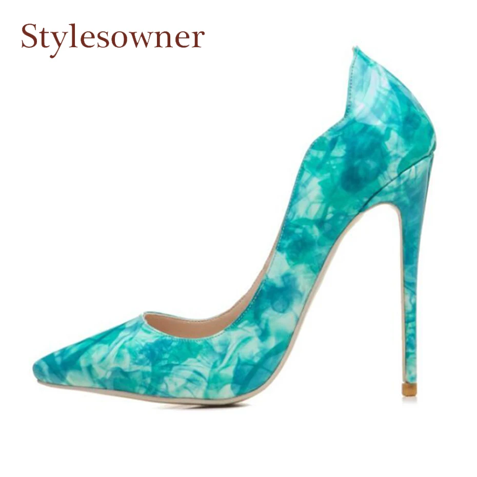 Stylesowner patent leather print high heel shoes for women party pumps 12cm thin heel Stone Texture Blue sexy ladies pumps shoes