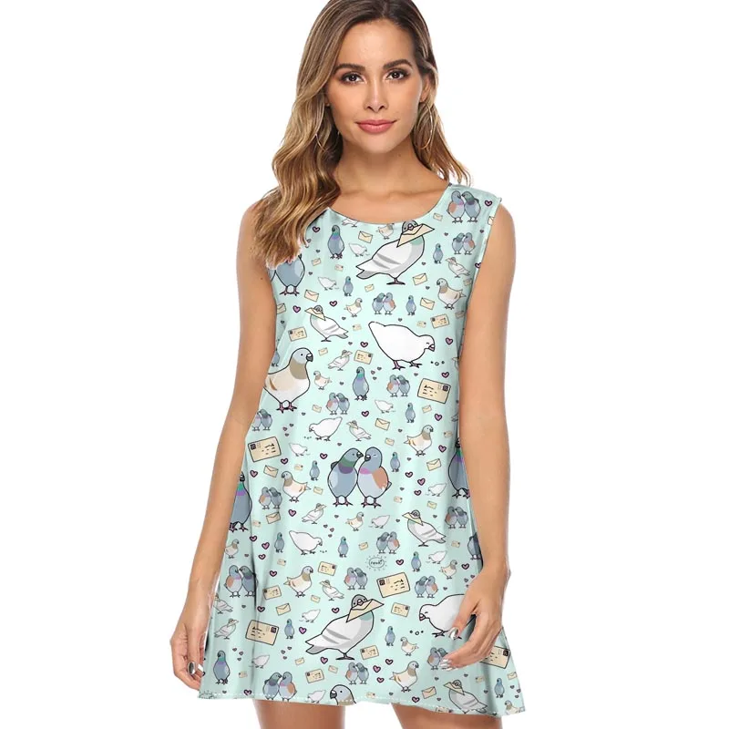 

New Pigeons Printing Vintage Boho Women Summer Beach Dress 2019 Sleeveless Short Mini Dress Casual A Line Skater Dress Vestidos