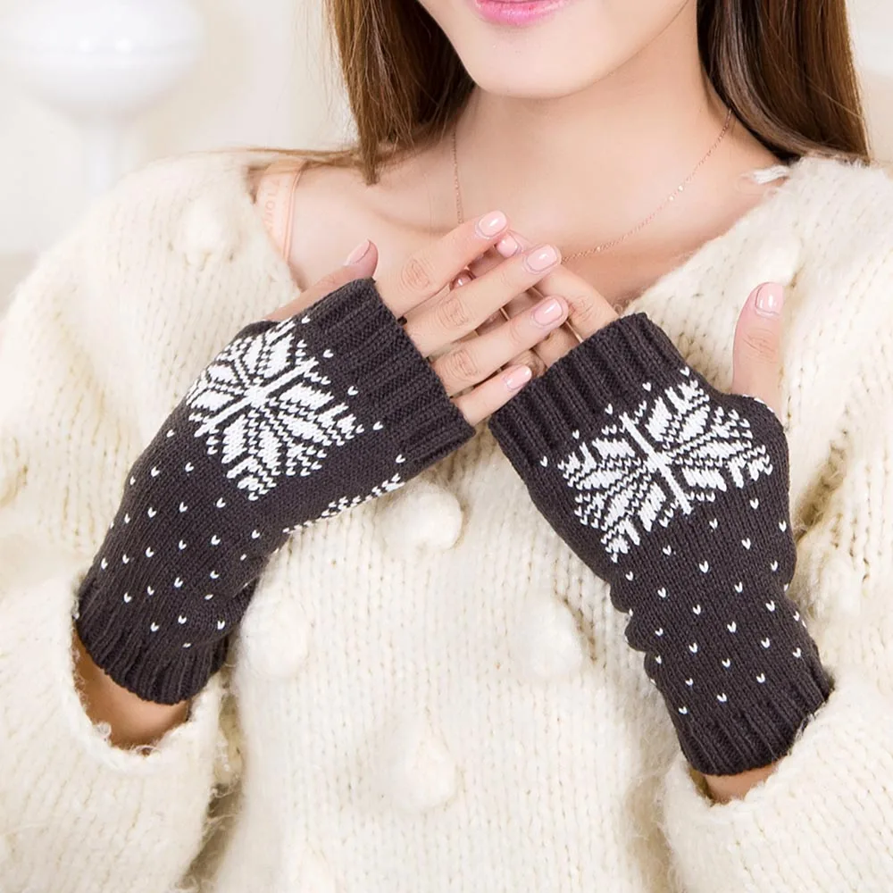 Зимние теплые Снежинка перчатки без пальцев, митенки перчатки без пальцев для Для женщин девочек Утепленная одежда трикотажные наручные
