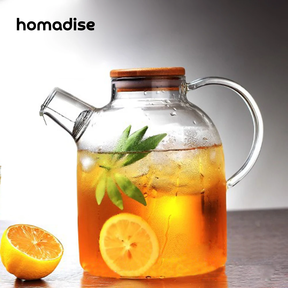 

Homadise Large Capacity Glass Kettle Heat Resistant Water Jug Handcraft Flower Teapot Strainer Bamboo Lid Stainless Steel Filter