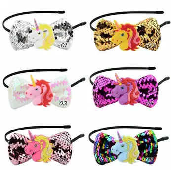 

6 Colors Sequin Bows With Unicorn Hairband Girls School Headband Large Sequin Unicorn Hair Bows