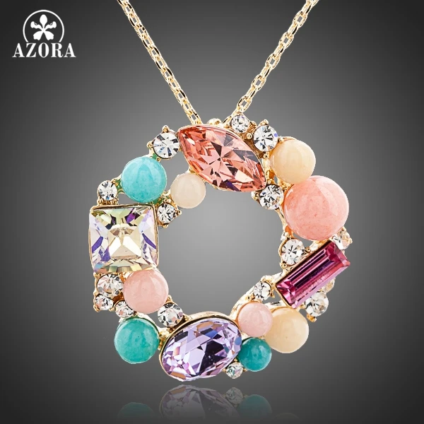 

AZORA Gorgeous Gold Color Multicolor Tear Drop Stellux Austrian Crystal Round Pendant Necklace TN0105
