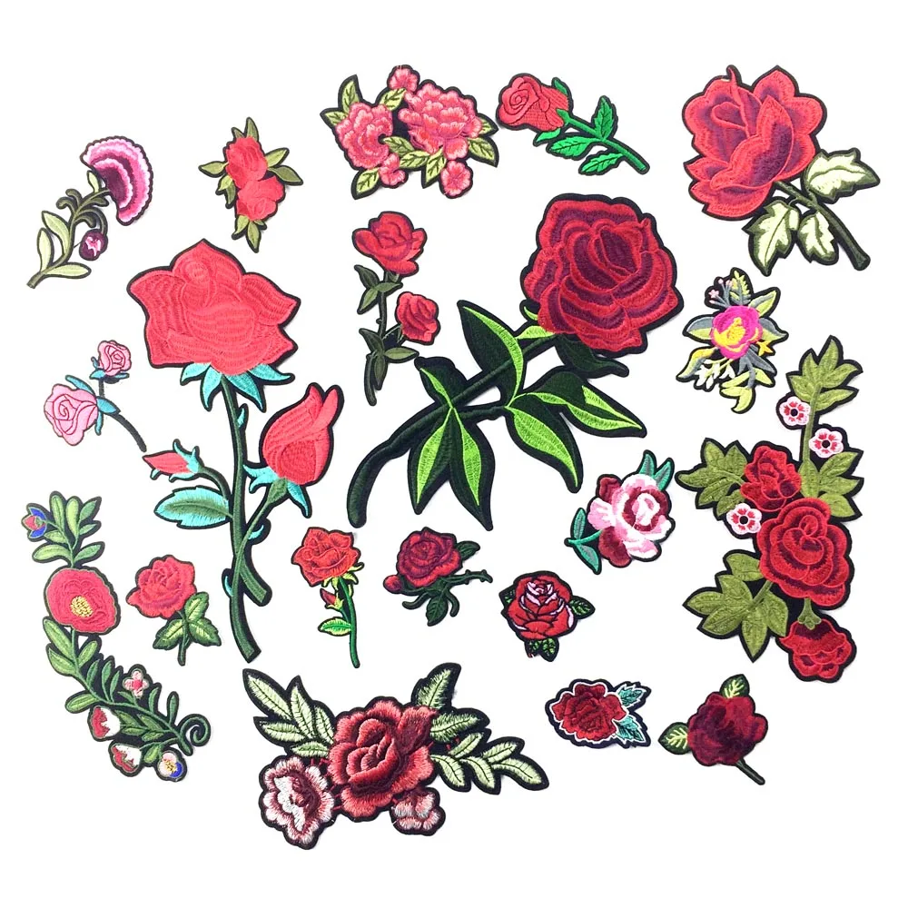 Embroidered Iron On Patches For Clothing Rose Flower Patch Appliques For Garment Iron On