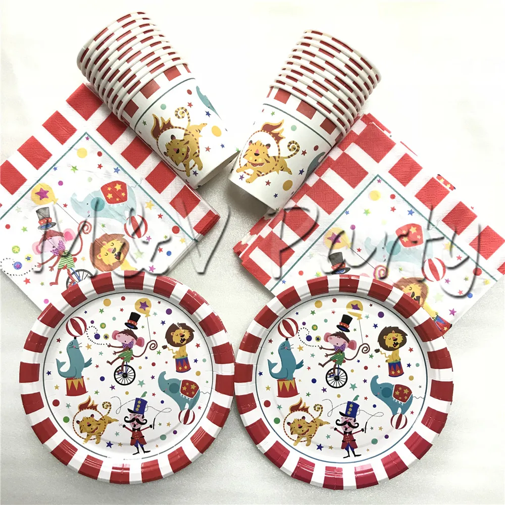 

80pcs/lot Cartoon Creative Circus Theme Birthday Party Tablewear Set Disposable Napkins Plates Cups Set Circus Party Supplies