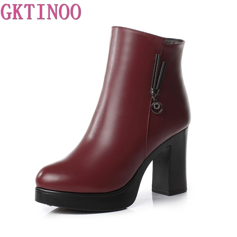 Skup GKTINOO nowe mody jesienne buty zimowe kobieta miękkie skórzane buty damskie buty grube szpilki botki wełniane śniegowce