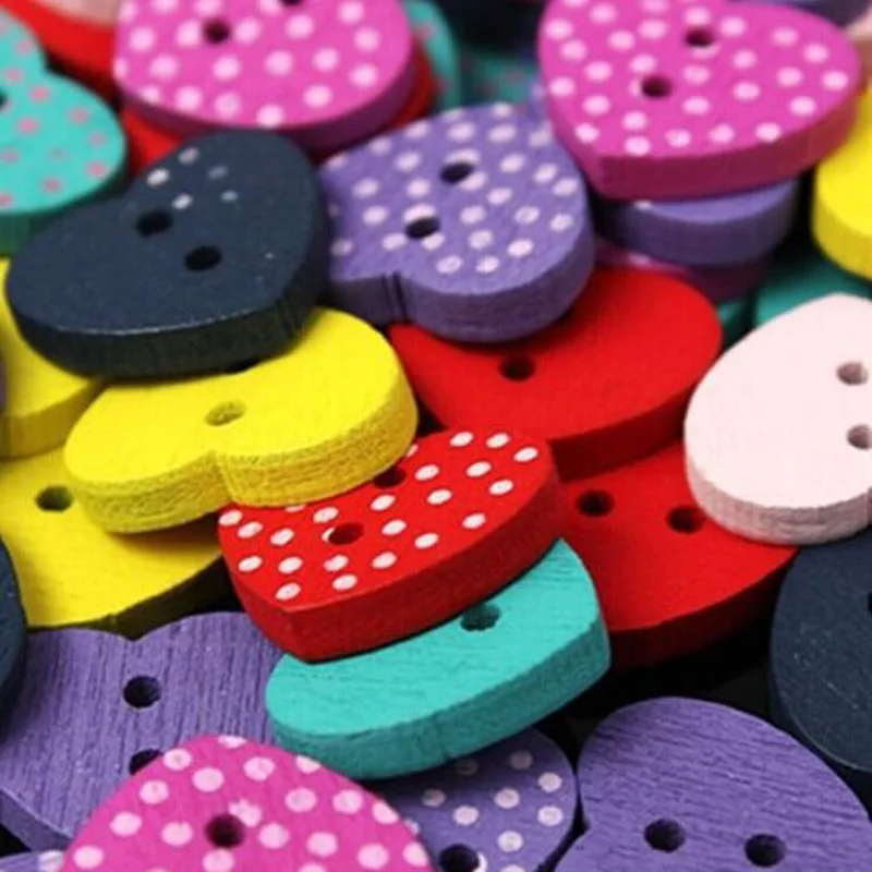 

50pcs bag Multicolor Heart Shaped 2 Holes Wood Sewing Buttons Scrapbooking Bouton Wood Sewing Buttons