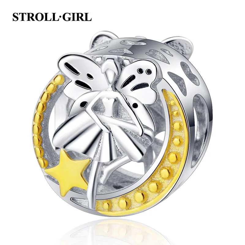 

Strollgirl New 100% 925 sterling silver Cute Gold Star Elf Charms Girl Round beads Fit European Bracelet for Women DIY Jewelry