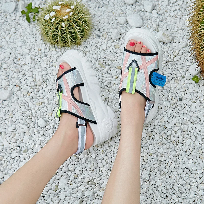 Reflective Shoes Women Chunky Sandals Platform sandalias mujer Summer New Brand Lady White footware Increased chaussures femme Reflective Shoes Women Chunky Sandals Platform sandalias mujer Summer New Brand Lady White footware Increased chaussures femme
