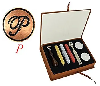 

Vintage Letter P Alphabet Initial P Engraved Wedding Invitation Gift Box Wax Seal Stamp Sticks Melting Spoon Set
