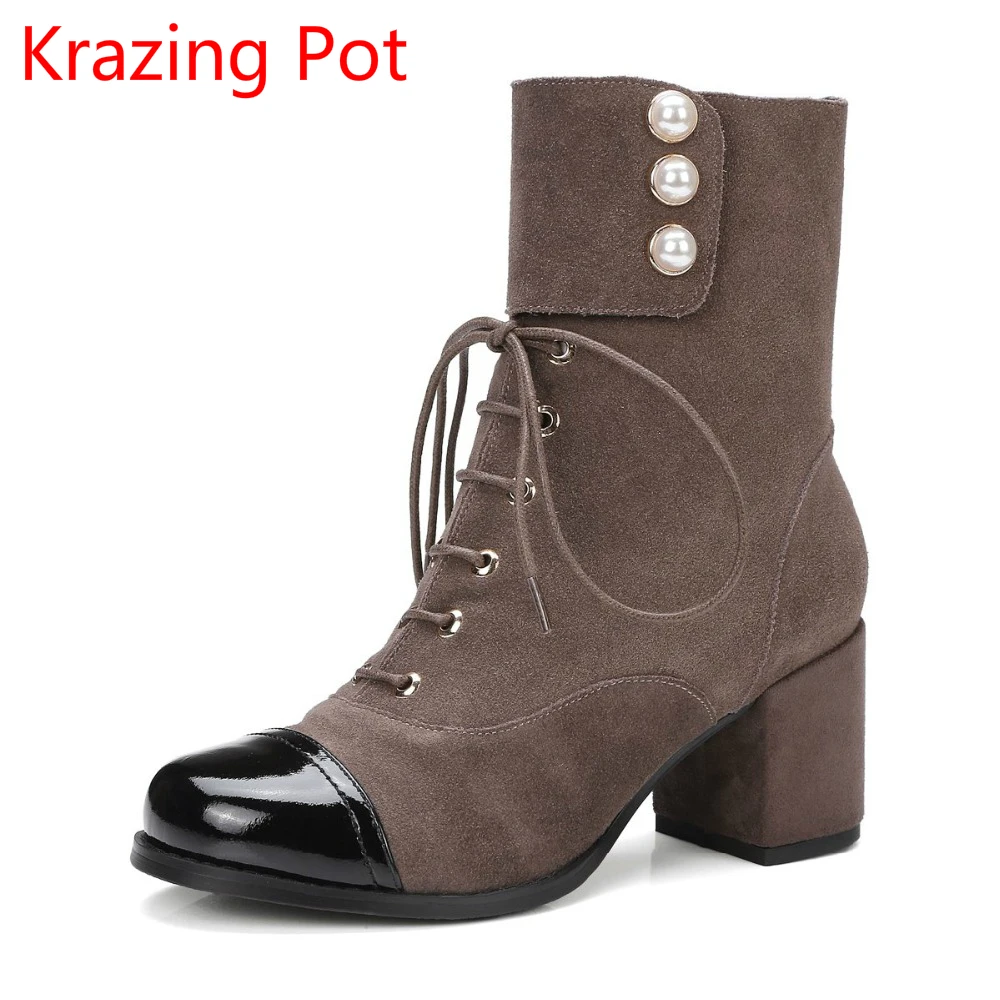 

2018 Genuine Leather Brand Winter Shoe Rivets Cross-tied Mixed Color Round Toe Mid-calf Boots Warm Lace Up Cowboy Pearl Boots L1