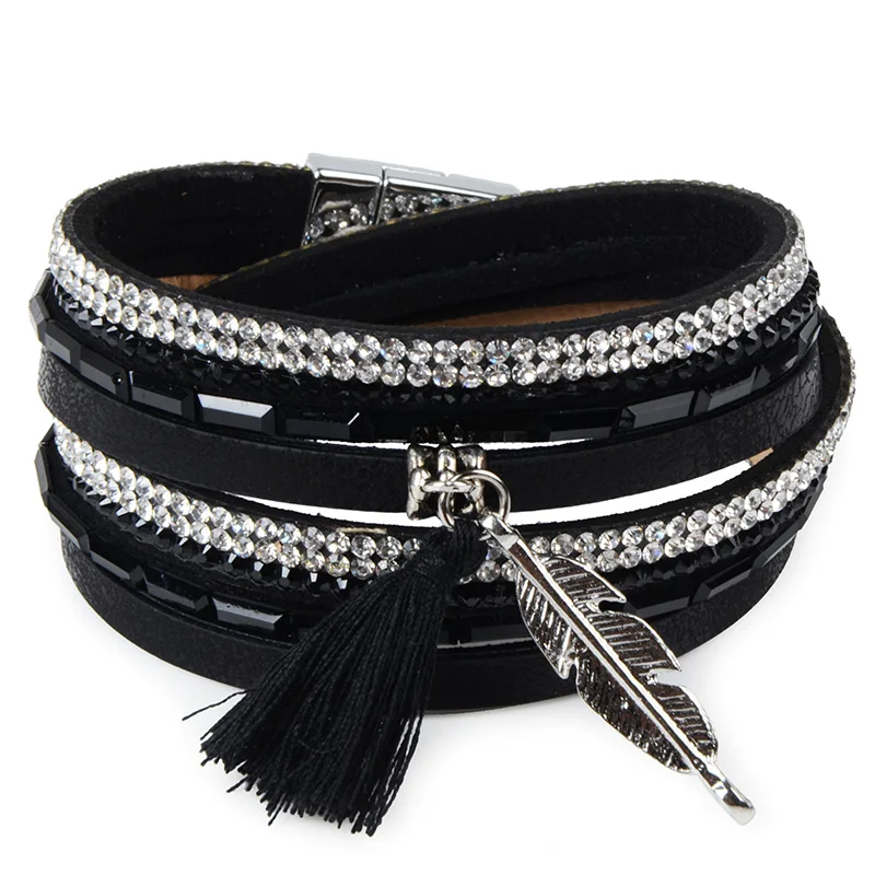 Rhinestone Feather Wide Multilayer Leather font b Bracelet b font Magnetic Tassel font b Bracelet b