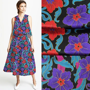 

114CM 40MM Red Blue Floral Print Stretch Black Heavy Silk Fabric for Summer Spring Dress Blouse Skirt Shirt Pants JH082