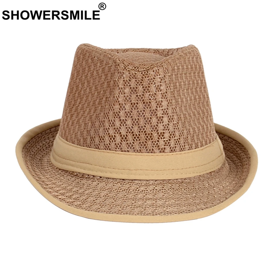 SHOWERSMILE летняя шляпа для мужчин серый соломенный джазовый шапки мужские повседневные Лоскутные дышащие винтажные брендовые пляжные шляпы и кепки