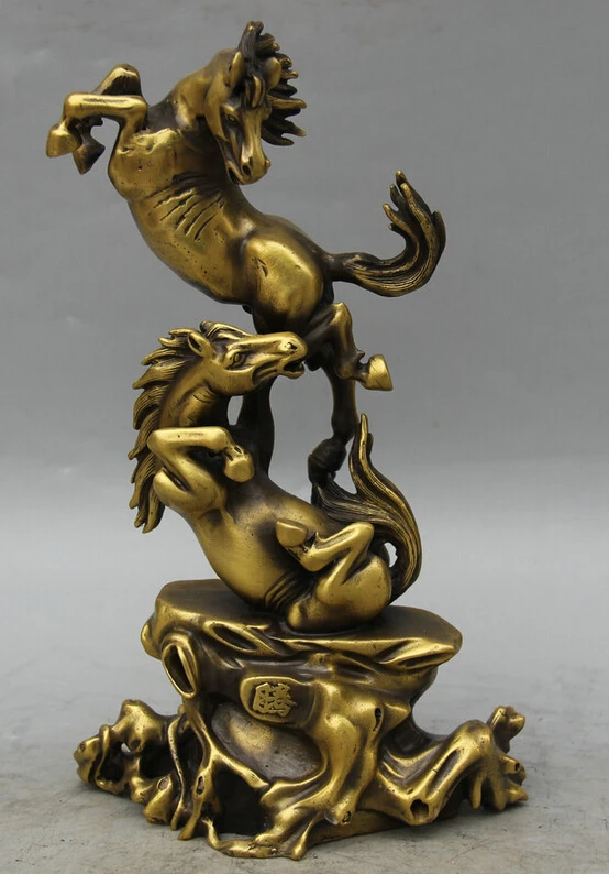 

USPS to USA S1980 10" Chinese Folk Copper Two Successful Horse Work Together Up Statue sculpture B0401