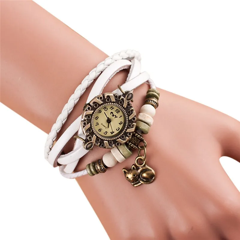 Женские кварцевые часы подарок женский часы Мода Weave вокруг Кожаный браслет Cat часы женские наручные часы Оптовая Доставка 25