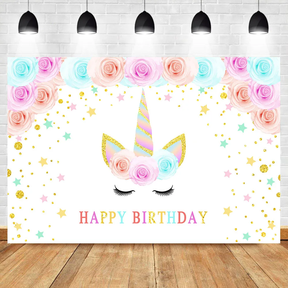 

Happy Birthday Backdrop Close Eyes Unicorn Background Flower Golden Stars Birthday Party Photography Backdrops Banner Decoration