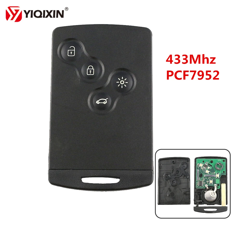 YIQIXIN 4 Button Remote Key Card Smart Car Key 433Mhz PCF7952 Chip For Renault Megane Scenic Laguna Koleos Clio Uncut Blade yiqixin 2 button remote car key for renault laguna espace velsatis 2001 2006 auto fob smart card keyless entry id46 pcf7947 chip