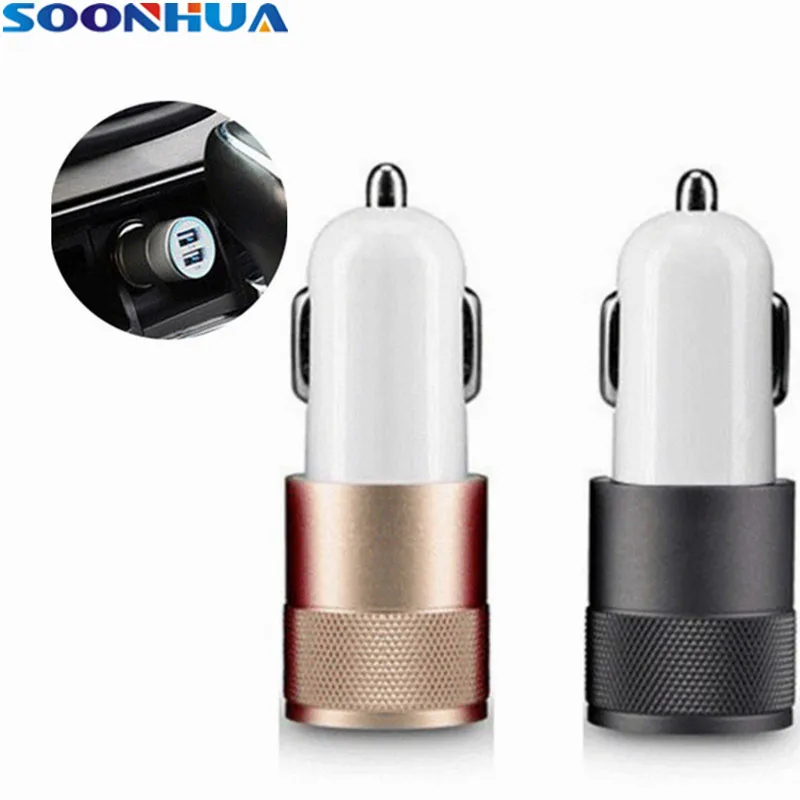 

SOONHUA Bicolor Alloy Shell Multiple Protection Car Charger 5V 2A Dual Port USB Fast Charging Adapter For iPhone Samsung Xiaomi