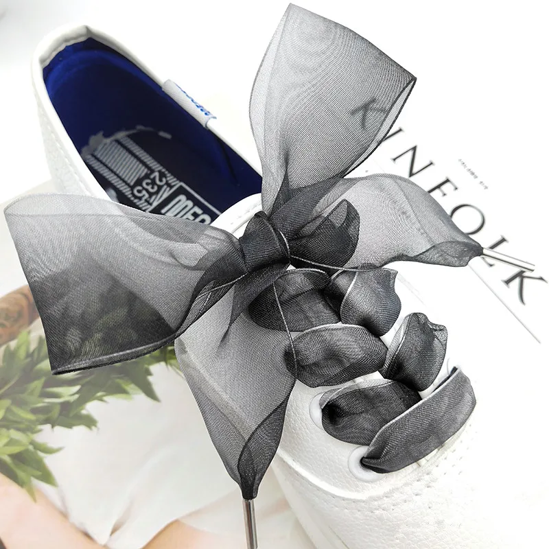 4 см шифона органзы градиент цвета шнурки черный серый цвет Сникеры с бантом спортивная обувь белые шнурки