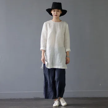 

SCUWLINEN 2020 Women Spring Tops Casual Solid 100% Ramie Long-sleeve Loose T-shirts for Women Pullover White Shirt Vestidos S306
