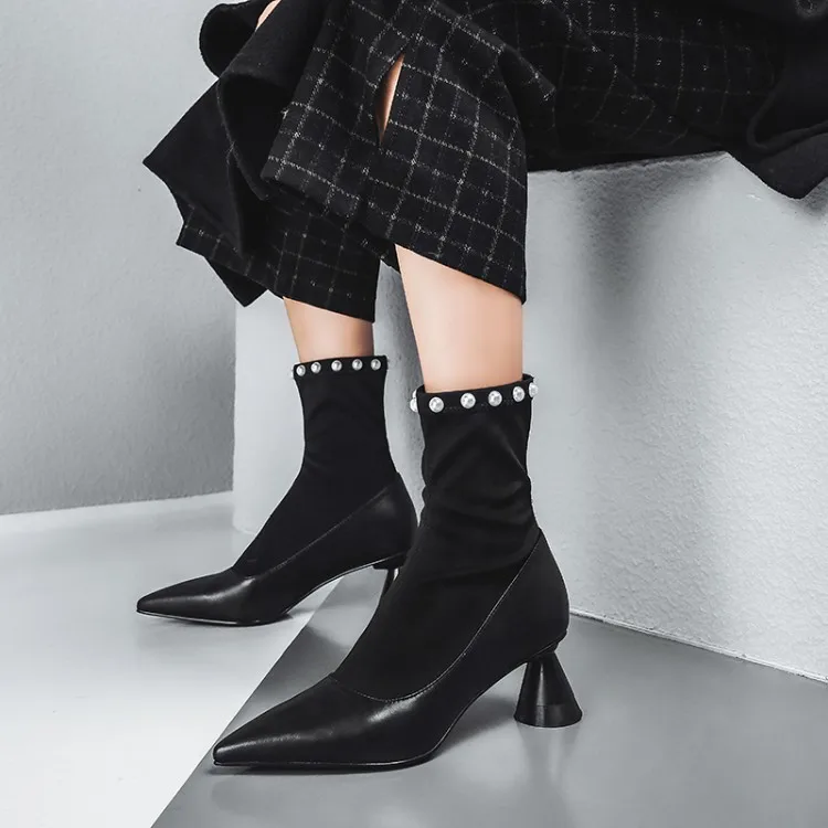 MLJUESE women ankle boots soft cow leather autumn spring black color pearls pointed toe high heels women boots size 34-40
