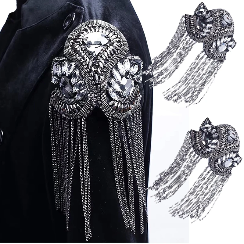 1pair Blazer Shoulder Beaded Tassel Chain Suit Epaulet Punk Fringe Tassel Rhinestones Shoulder
