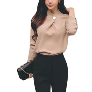 

Nice Spring Long Sleeve Stand Collar Chiffon Shirts Women Work Wear Office OL Chiffon Blouses Lady Casual Pullover Tops 7Q1812