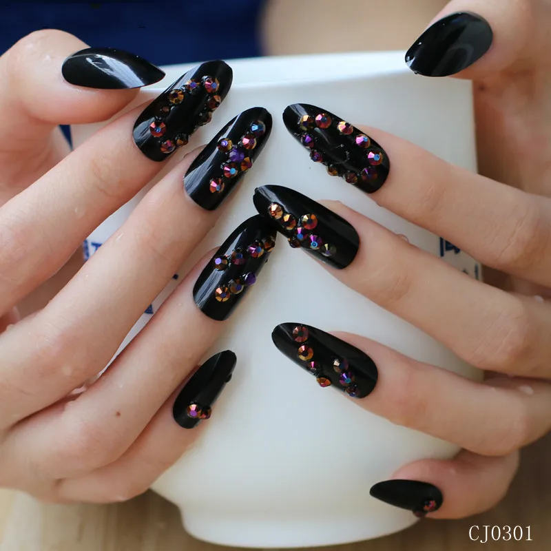 

24PCS black diamond long length fake nail tips CJ03