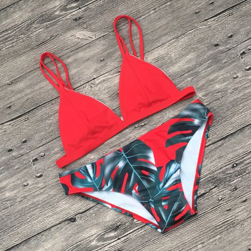 

Women's Bathing Suit Padded Tops Swimwear Adjustable Spaghetti Strap Floral Leaf Print Criss Cross Bikini Set