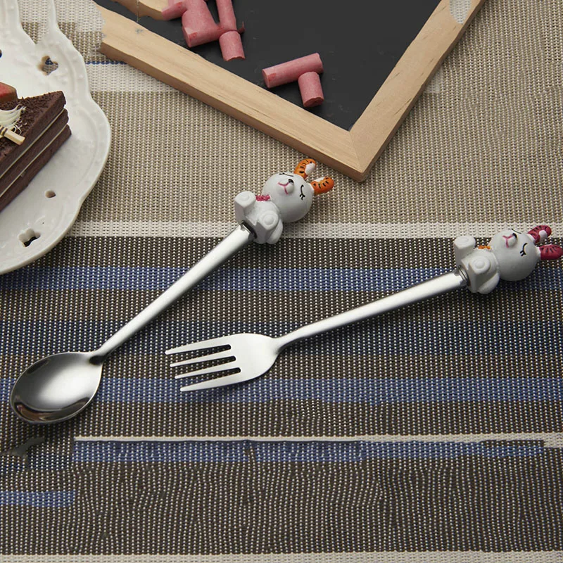 

2pcs/set Resin Rabbit Shape Spoon Fork Stainless Steel Dinnerware Set Children West Tableware Kit