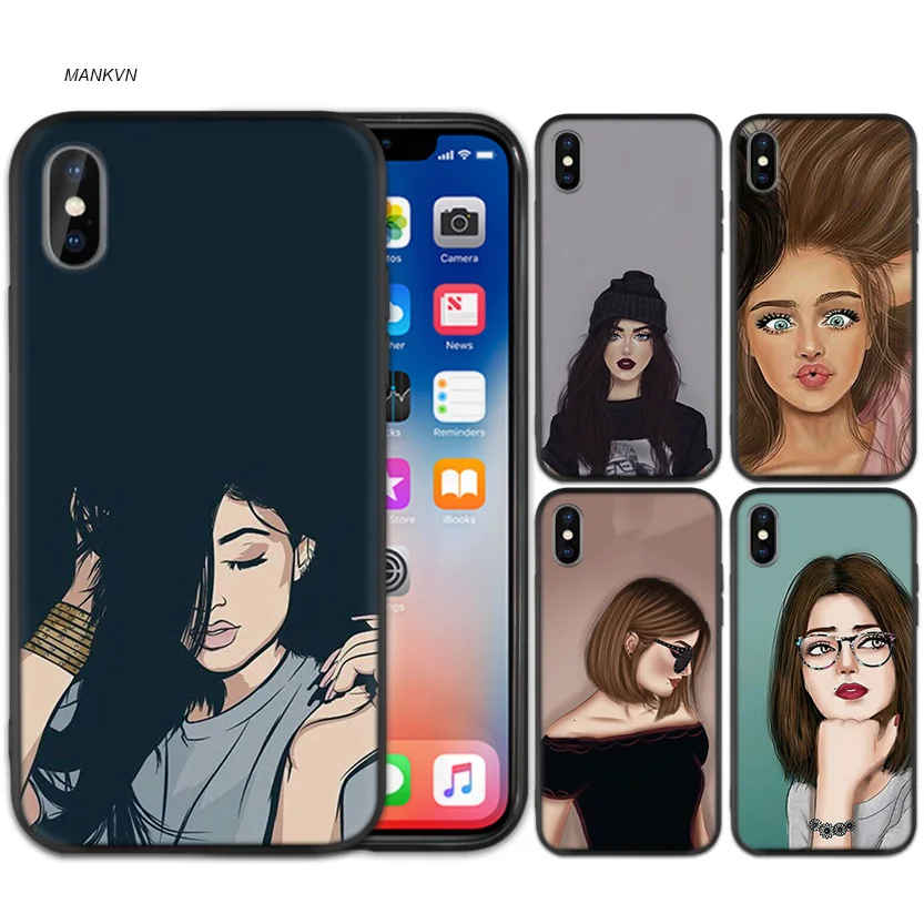

Girls Brunette Blonde Black Rubber Soft TPU Silicone Case Cover for iPhone X XS XR XS 11 11Pro Max 7 8 6 6S 5 5S 5C SE Plus Case