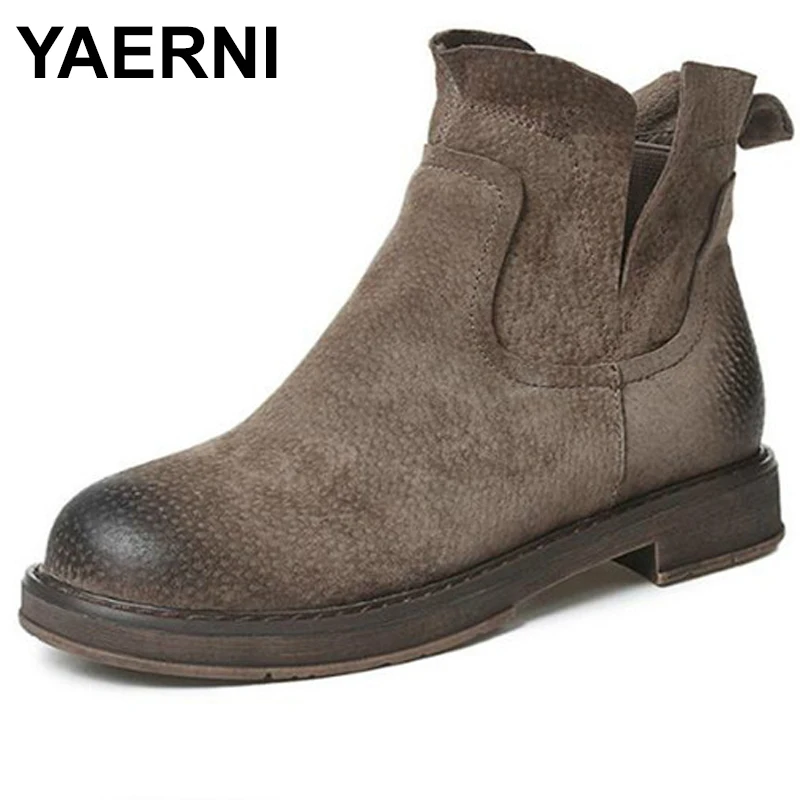 YAERNI/женские ботинки из натуральной кожи; зимняя теплая обувь на плоской подошве; короткие ботильоны; Брендовая женская повседневная обувь; большие размеры; E638