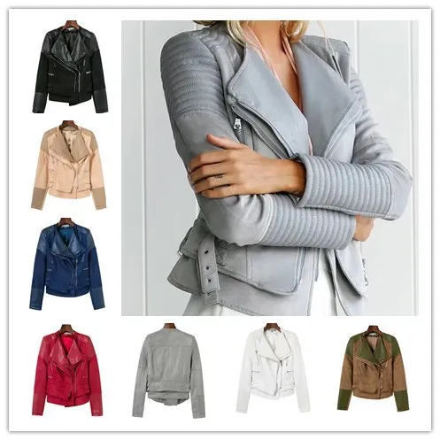 High Quality Zipper basic suede jacket coat 2017 motorcycle jacket Women outwear pu spliced short winter jackets