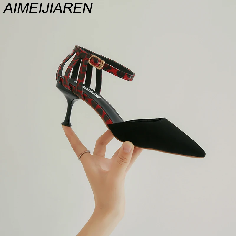

3 Colors Pointed Strappy Pumps Sexy Leopard High Thin Heels Shoes 2109 New Woman Shoes 6.5cm Zapatos De Mujer