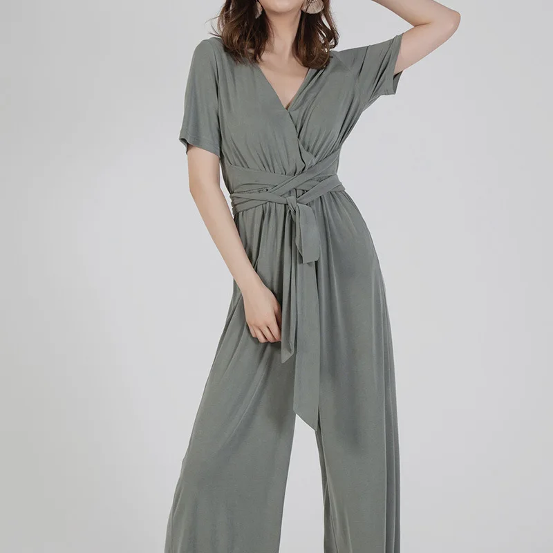 

Women's Jumpsuit 2019 Summer High Waist Belt V Collar Modaier Straight Sashes Drawstring Full Length Black Trousers Women