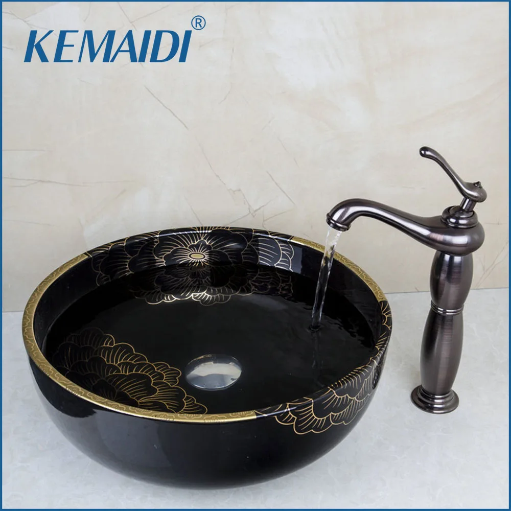KEMAIDI Bathroom Black Ceramic Washbasin Sink&Oil Rubbed Bronze Faucet
