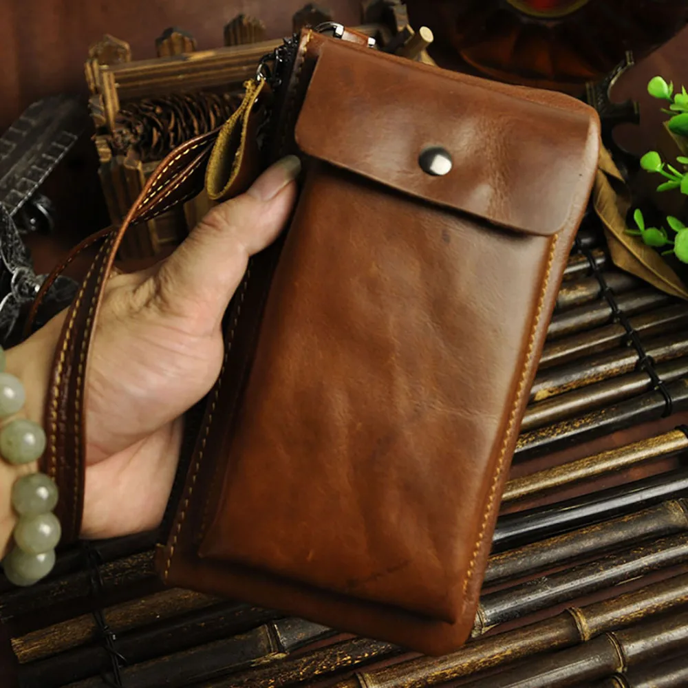 

Oil Wax Genuine Leather Men Long Wallet Mobile Phone Coin Pocket Card Holder Zipper Purse Fashion Designer Cowhide Clutch Bag