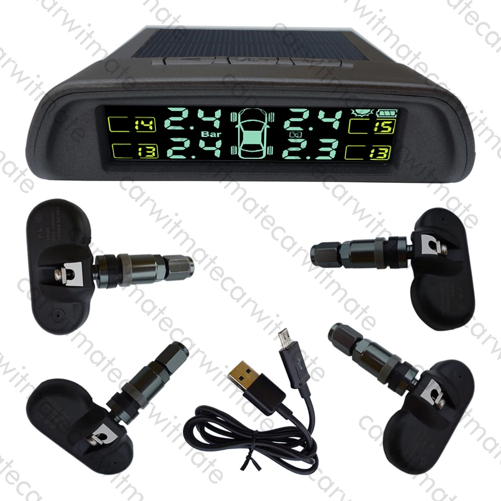 

Universal Car TPMS Tire Pressure Monitor System With Chargeable Solar Panel With 4 Internal Sensors Support Bar & Psi Dispaly