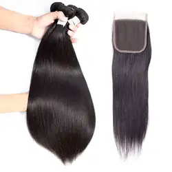 Бразильские прямые пучки волос с закрытием 3 Связки натуральные волосы Ткань Связки с закрытием бразильский наращивания волос Clover Leaf
