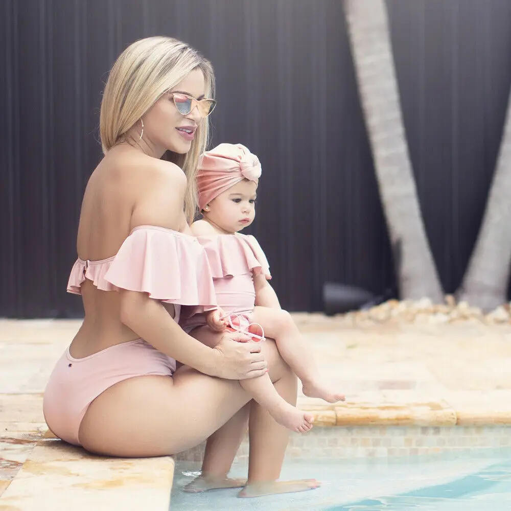 

2019 New Mommy and Me Off Shoulder Swimsuits Family Matching Swimwear Ruffle Bathing Suit