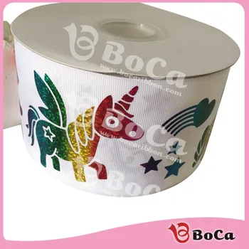 

Shipping free75mm (3 inch) wholesale unicorn holographic grosgrain ribbon with custom accept ,100yard
