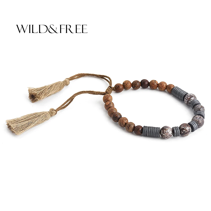 Vintage Natural Stone Bracelets For Women Brown Cottons Tassels Texture Wooden Beads Charm Adjustable Jewelry 2017 New | Украшения и