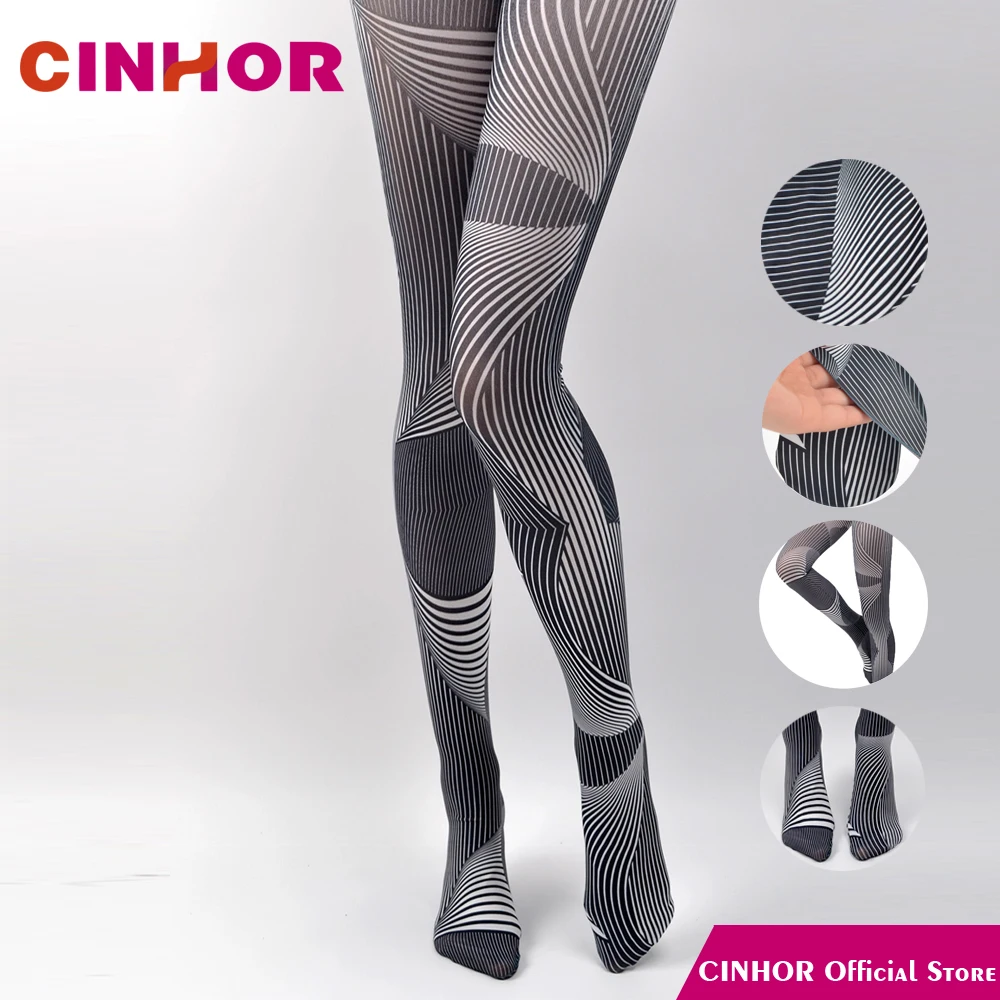 

CINHOR Black and White Striped Gradient Stockings Stripe Spring Retro Bottoming Print Tide Women Thin Cotton Pantyhose